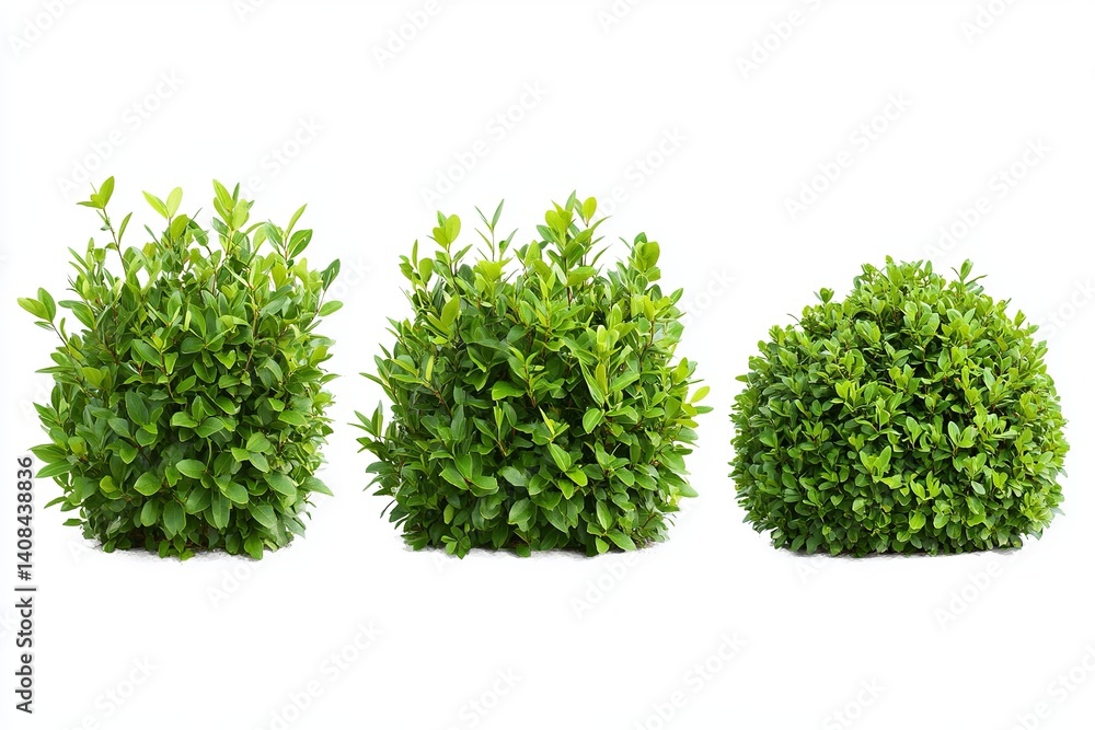 Poster three green bushes arranged in a row against a plain white background in a studio setting