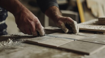 Mason cutting tiles for a bathroom renovation. Featuring focus and craftsmanship