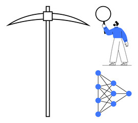 Pickaxe symbolizing mining, neural network diagram with nodes and connections, figure analyzing with a magnifying glass. Ideal for data science, AI, analysis, big data, research, technology simple