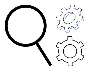 Magnifying glass paired with two gears symbolizes analysis, problem-solving, optimization, and process improvement. Ideal for research, strategy, technology, system integration, analytics technical