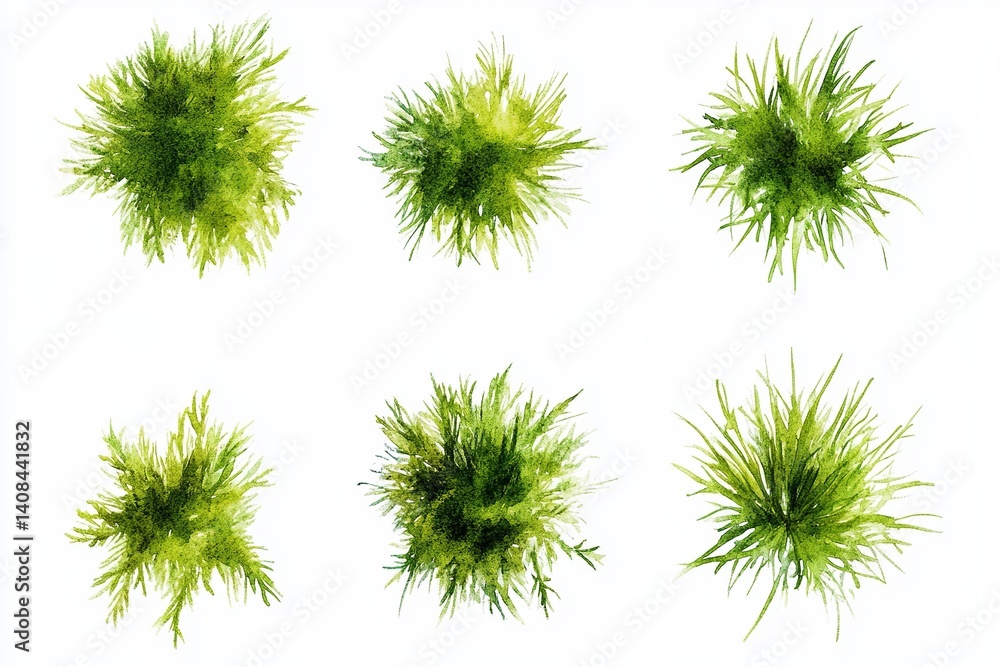 Poster six green mossy clumps arranged in a grid pattern against a stark white background creating contrast