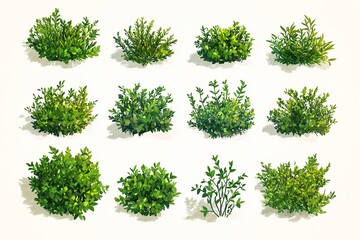 Twelve green bushes arranged in a grid pattern against a plain white background art illustration