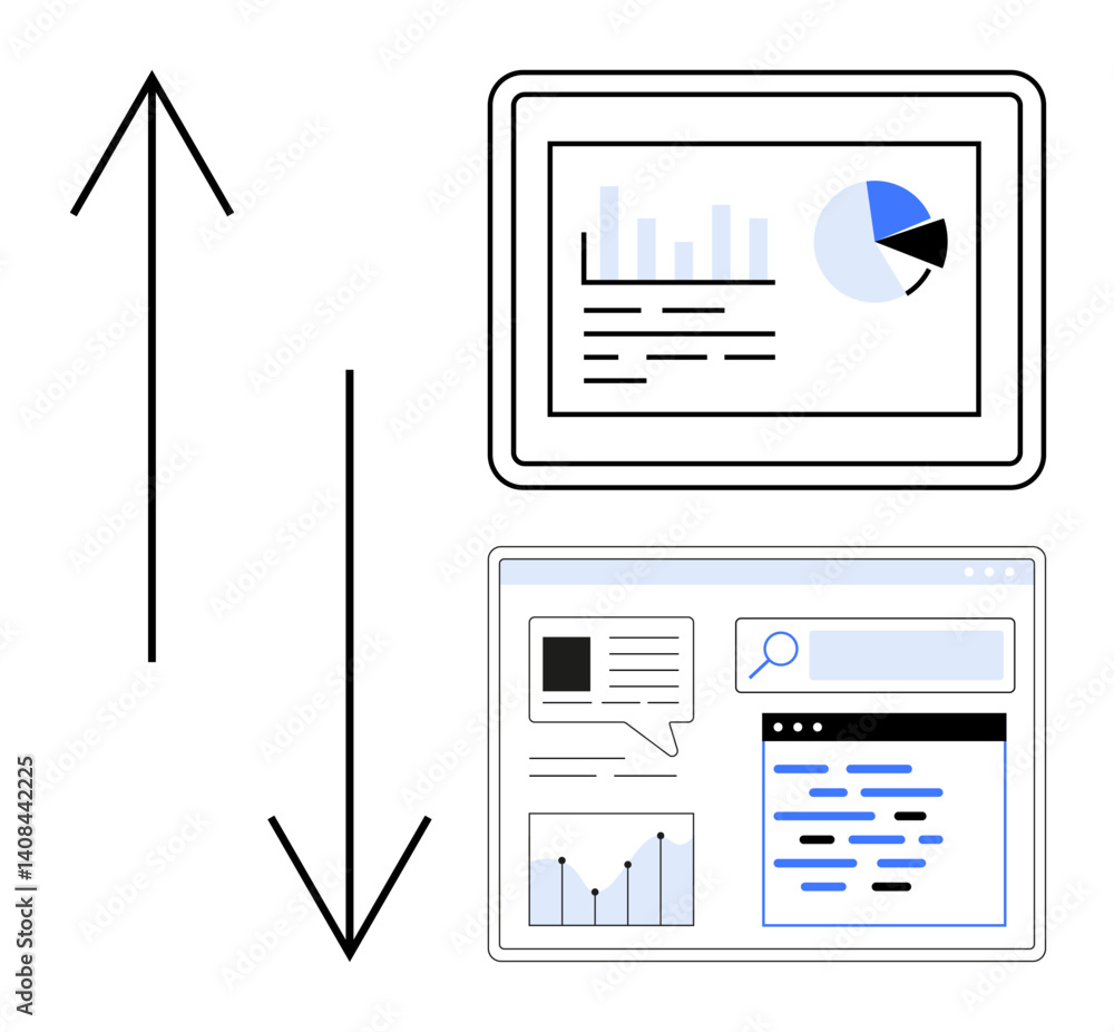 Aufkleber two digital screens displaying analytics charts and search content with arrows indicating upward and