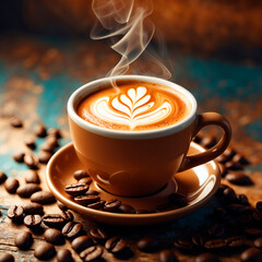 Warm cup of coffee with latte art and coffee beans on wooden table Generative AI