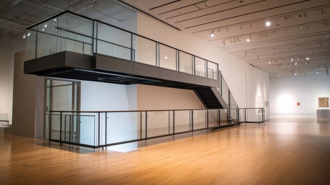 Minimal mezzanine with thin steel balustrades and glass wall  