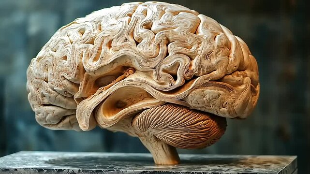 Intricate wooden sculpture of a human brain showcasing detailed textures and forms
