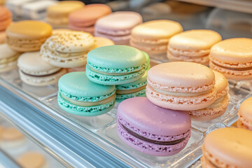 Fototapeta premium Colorful macarons stacked artfully vibrant pastel hues inviting pastry shop warm ambient lighting overhead shot