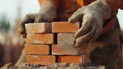 Bricklayer stacking bricks with precision at a residential site. Featuring craftsmanship and stability