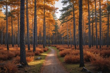 Fototapeta premium Serene Pine Trail in Finnish Arboretum Stunning Autumn Woodland Views