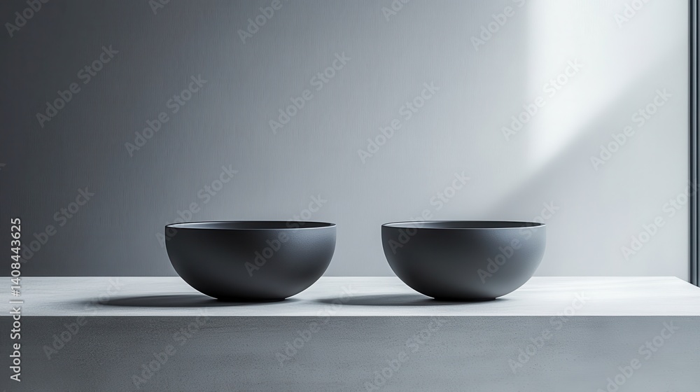 Poster minimalist black bowls on a light gray surface with soft shadows in a contemporary kitchen setting, 