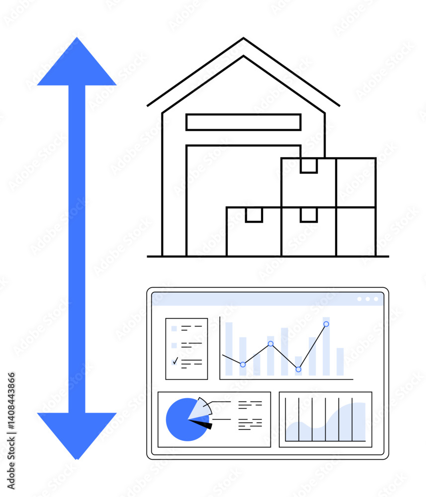 Aufkleber warehouse with stacked boxes and a blue arrow symbolizing movement, alongside an analytics dashboard