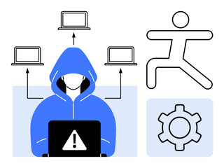Hacker in blue hoodie working on laptop with alert sign, networked laptops, running figure, and gear. Ideal for cybersecurity, hacking, data breach, technology, networking risk simple landing page