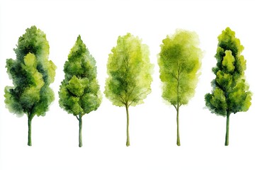 Watercolor painting of five trees with varying shapes and shades of green on a white background
