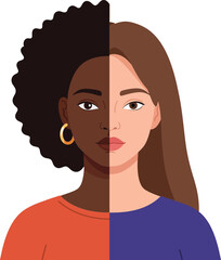 Two women representing diversity with distinct hairstyles and skin tones in a flat design vector art