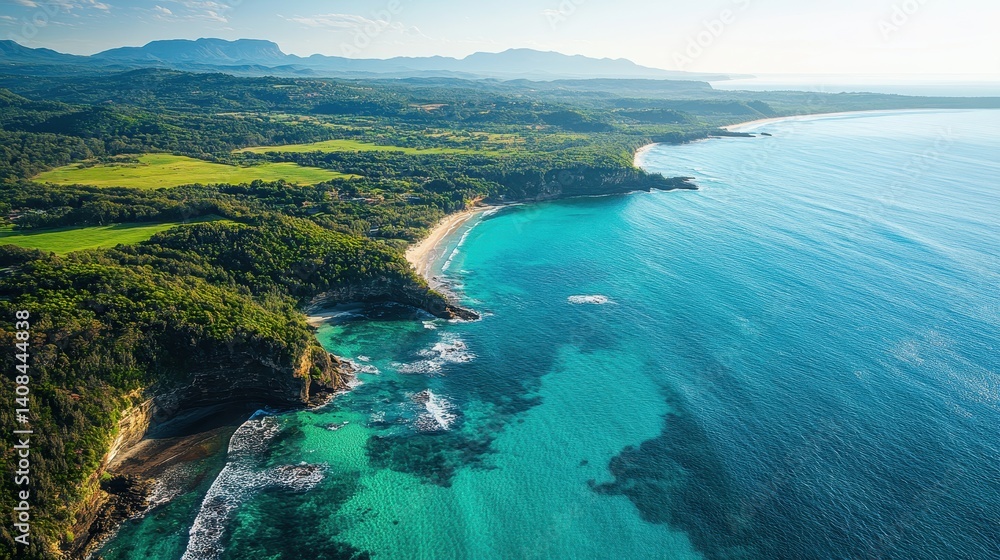 Poster stunning aerial view of a lush coastline with clear turquoise waters and rolling green hills in the 