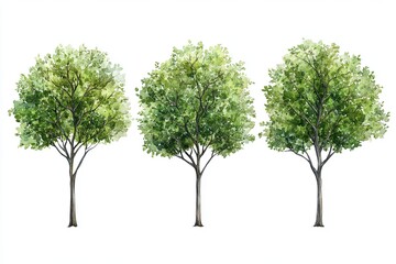 Obraz premium Watercolor painting showing three trees with green leaves on a white background in a row art style