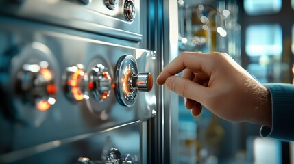 A hand turning a knob to reduce the carbon output of an industrial process, showcasing the technological approach to emission reduction.