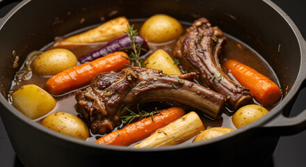 Hearty Lamb Stew With Root Vegetables Served in a Cast Iron Dutch Oven