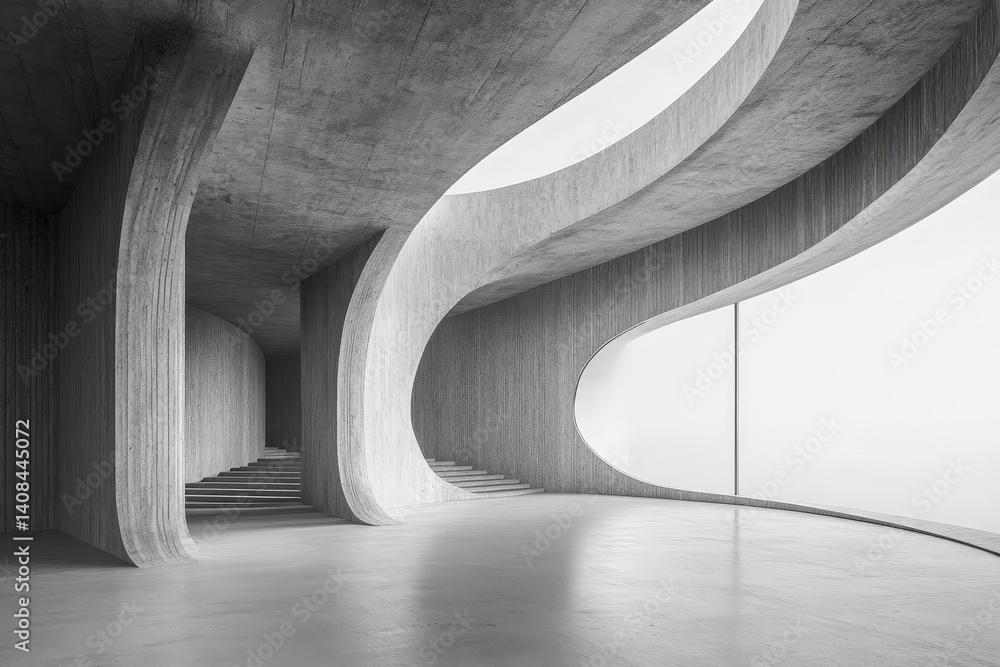 Poster Modern spiral staircase design with smooth concrete surfaces in an architectural space featuring minimalistic elements and soft lighting