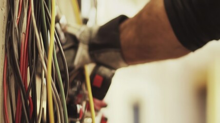 Electrician securing electrical wires at a construction site. Featuring precision and focus