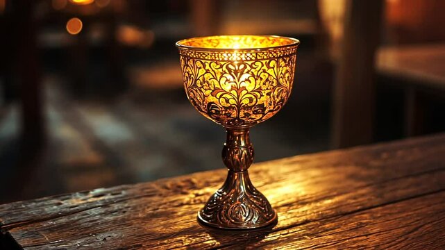 Elegant golden goblet on weathered wooden surface casting warm light, detailed patterns