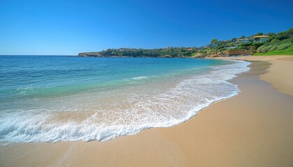 Waves gently wash ashore at a quiet beach with green hills and a distant house under a bright blue sky on a sunny day