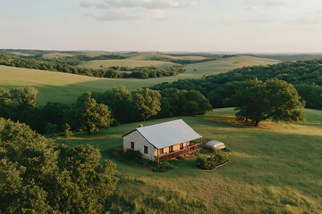 Secluded cabin nestled in rolling hills, surrounded by lush greenery. A tranquil countryside escape, perfect for peaceful relaxation and scenic views.