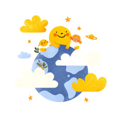 Bright and cheerful cartoon sun and children exploring a colorful Earth surrounded by clouds and stars Earth Day