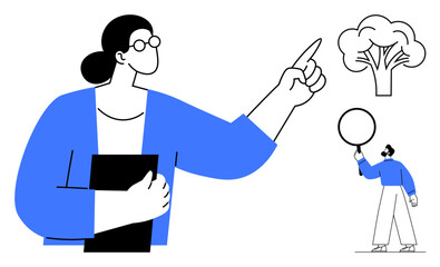 Woman gesturing towards a tree, holding documents while a smaller figure with a speech bubble listens. Ideal for education, ecology, guidance, teamwork, communication, brainstorming, simple landing