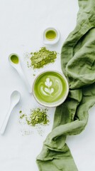 Obraz premium Creamy matcha latte with green tea powder and leaves on white background, highlighting healthy herbal fusion drinks