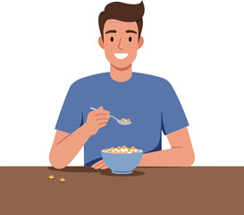 A smiling young man enjoying breakfast cereal in a blue bowl, in a minimal flat design vector illustration