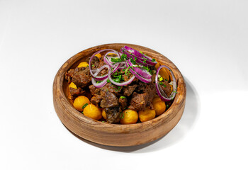 Spicy Kofta and Potato Stew with Onion Garnish