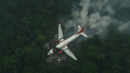 Aerial view of a crashed airplane in a dense, green forest, smoke rising in the background. A scene of aviation disaster and environmental impact.