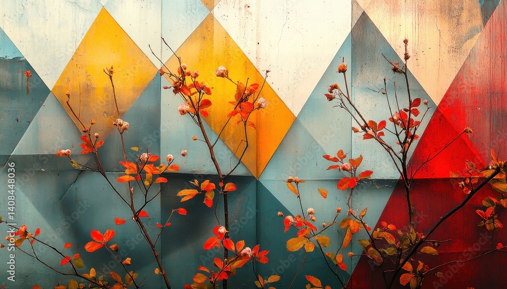 Poster colorful abstract composition displaying dynamic geometric shapes in shades of orange, red, and gray