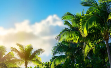 Fototapeta premium Palm background. Summer paradise concept. Green jungle. Tropical background. Exotic summer vibes. Palm wallpaper. Palm leaves in sunlight. Tropical design pattern. Miami summer. Tropical design.