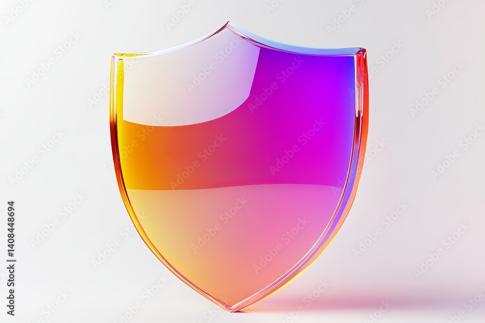 Poster a vibrant shield with a gradient of colors standing against a plain white background in studio shot
