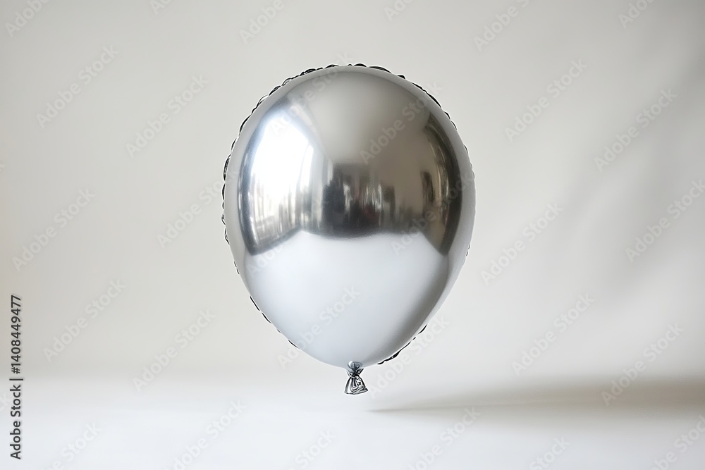 Poster isolated shiny silver balloon floating against a plain white background in a studio setting shot