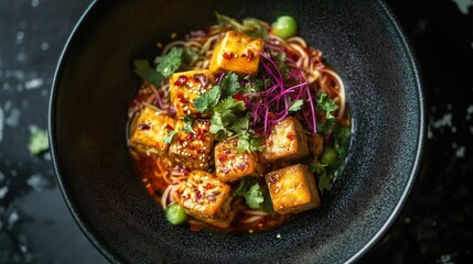 Spicy Ramen with Chili Flakes and Crispy Tofu Cubes