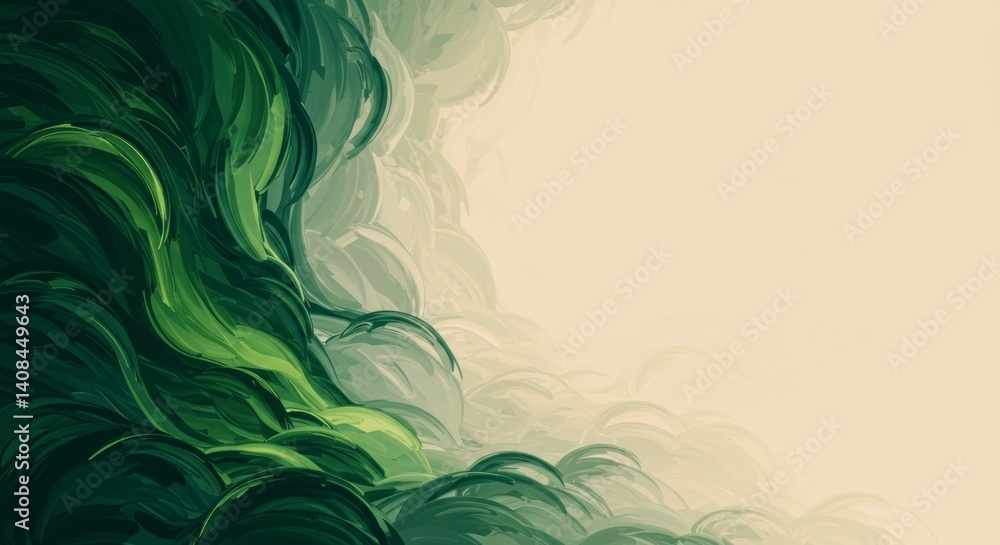Poster abstract green wave design with dynamic flowing shapes and soft creamy background, conveying a sense