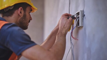 Electrician testing electrical outlets at a construction site. Featuring skill and care