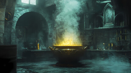 Mystical laboratory with glowing cauldron in an ancient stone room, filled with magical atmosphere and steam rising from potions. Arcane Crucible. Illustration
