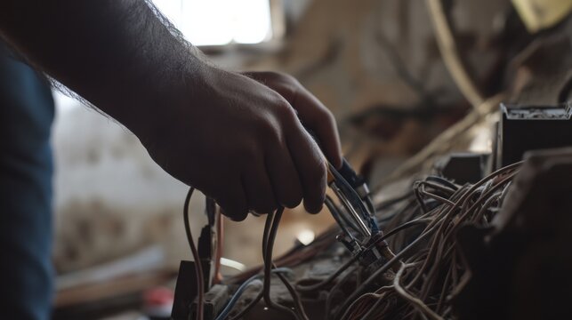 Electrician testing electrical outlets at a construction site. Featuring skill and precision