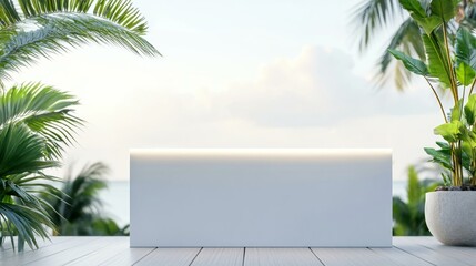 Fototapeta premium Minimalist outdoor promotion stand mockup with tropical plants and ocean background in render style