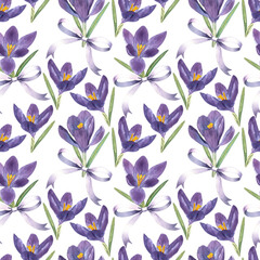 Hand drawn purple crocus flower silk bow knot seamless pattern. Watercolor illustration white Background. Spring crocuses flowers drawing Hand-painted floral wallpaper wrapping decor fabric stationery
