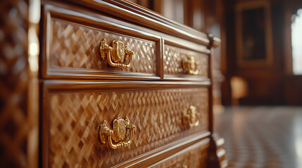 Elegant wooden dresser with ornate gold handles, featuring a woven-like surface design. Rich textures and warm tones.