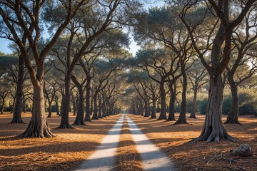 Fototapeta premium Explore Scenic Tree-Lined Avenues in Cork Oak Forests on Bright Winter Days for Nature Parks and Eco Tourism Trails