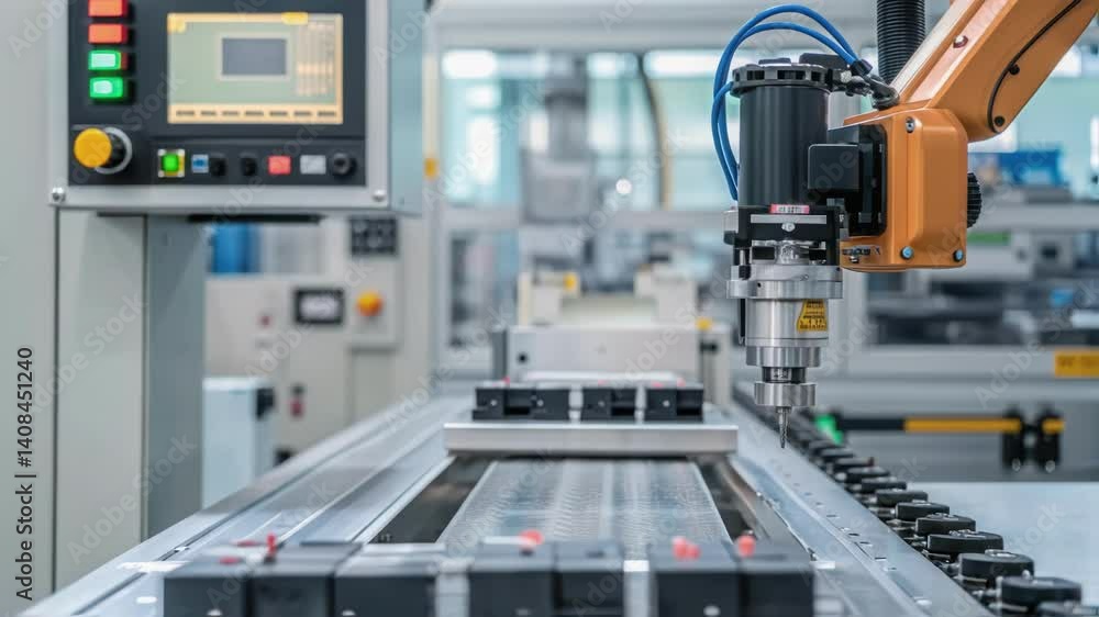 Fototapete Precision robotic arm moving systematically along assembly line, manipulating circuit board components with advanced automation in modern high tech electronics manufacturing facility