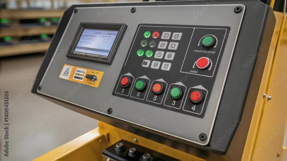Poster status lights illuminating digital control panel with buttons, mounted on yellow industrial machine,