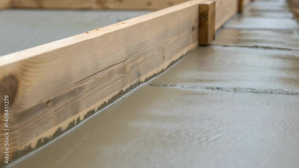 Poster Fresh concrete is being poured between wooden formwork to create a solid foundation, showcasing the initial steps of a construction project