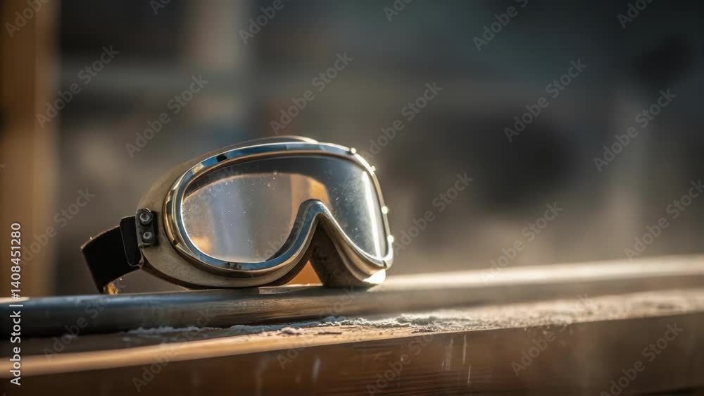 Poster warm sunlight casting soft shadows on protective glasses resting on textured wooden surface, gradual